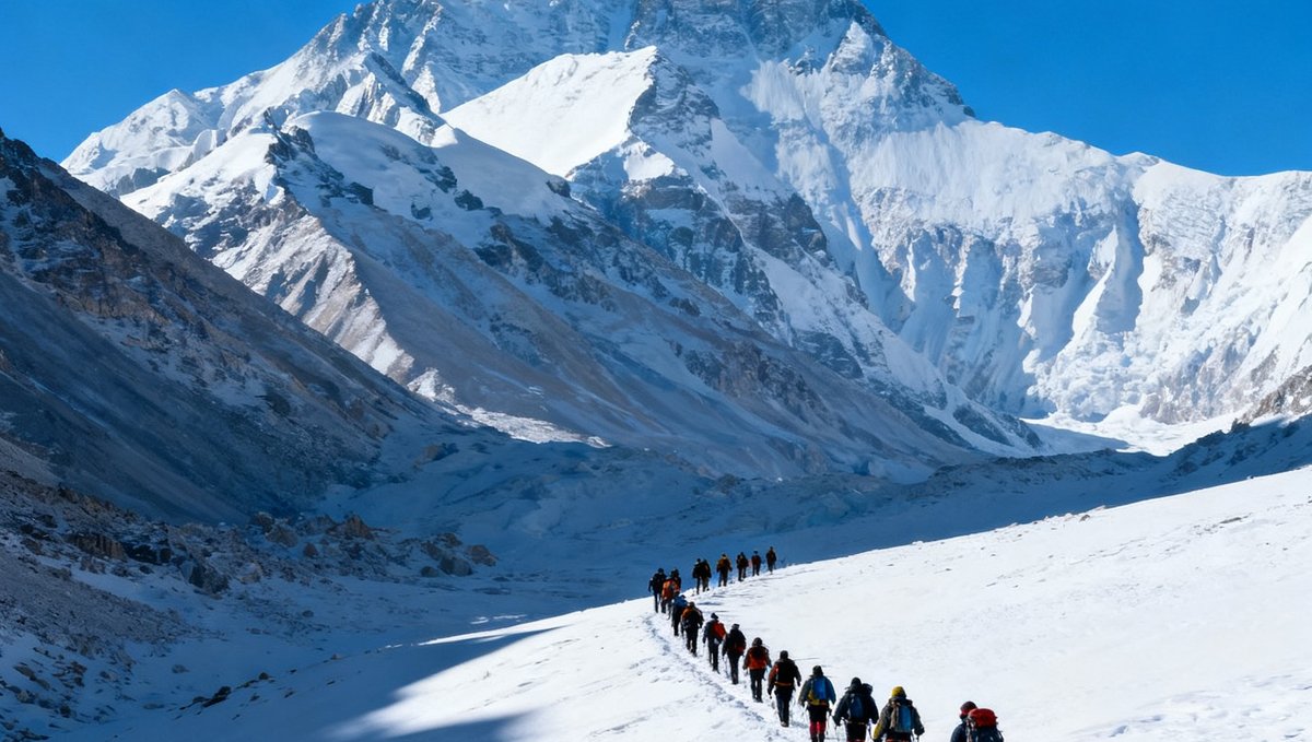 一群登山队员在珠峰北坡雪地中行进，远处是巍峨的珠穆朗玛峰主峰，天空湛蓝无云，队员们排成一列沿着山脊前行
