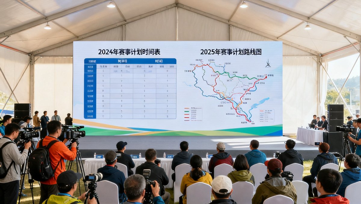 宽敞明亮的发布会现场，大屏幕上展示着2025年赛事计划的时间表和路线图，台下坐满了媒体记者和户外爱好者