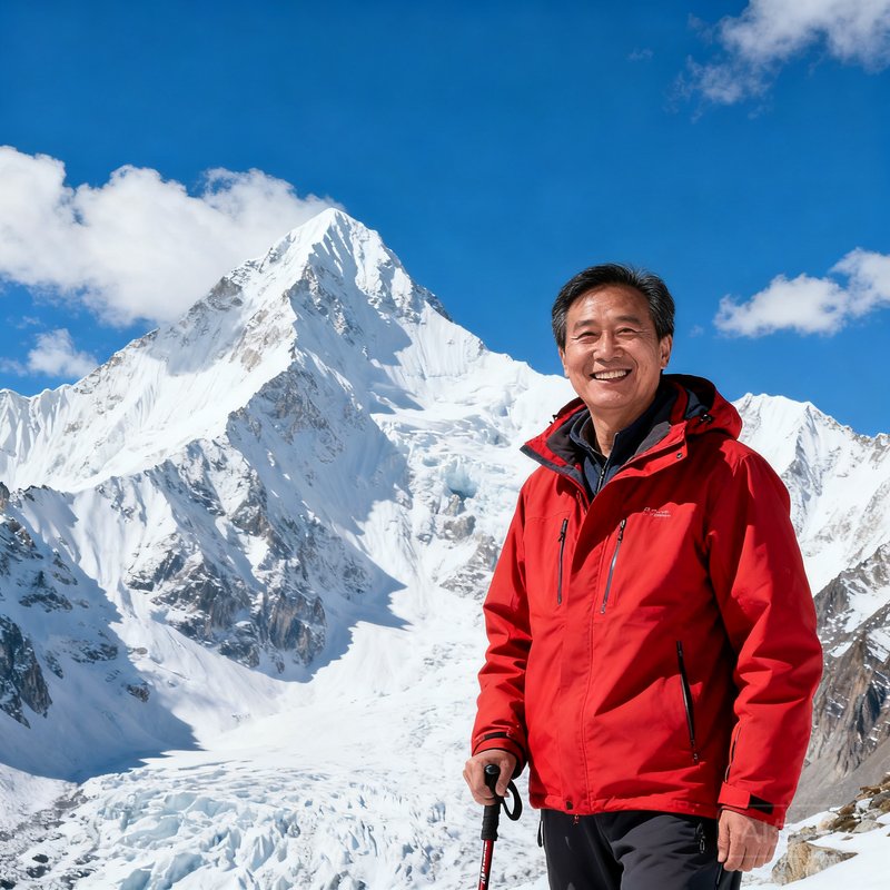 周远山身穿红色冲锋衣站在雪山前，面带微笑，背景是海拔6000米的雪峰和蓝天白云，他手中握着一根登山杖